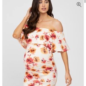 PINK blush maternity Ivory Floral Off Shoulder Maternity Fitted Dress Small S